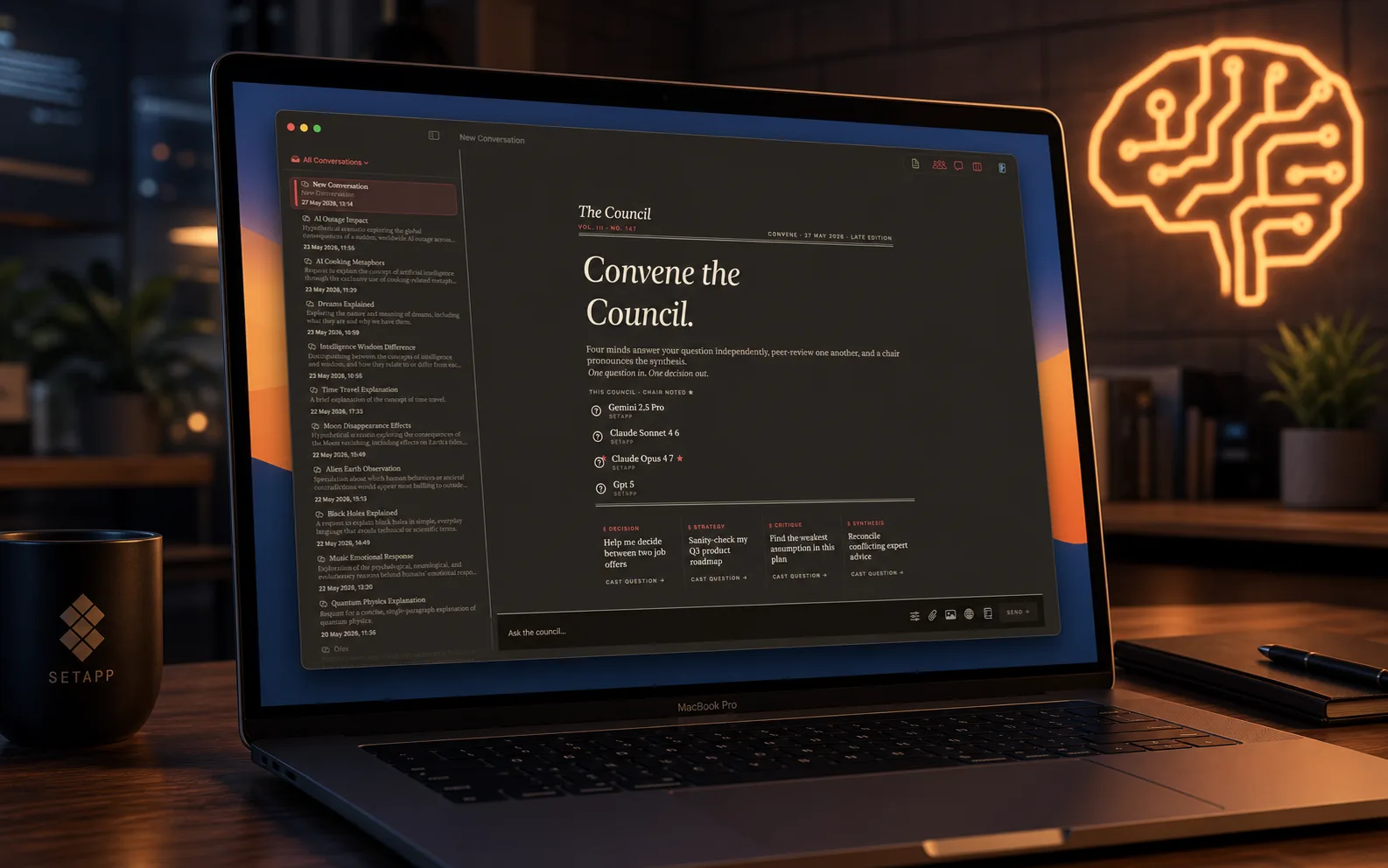 AI Council deliberation view in a warm dark theme